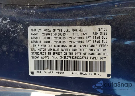 2005 Honda Cr-V Lx from USA, damaged, VIN SHSRD78535U328714